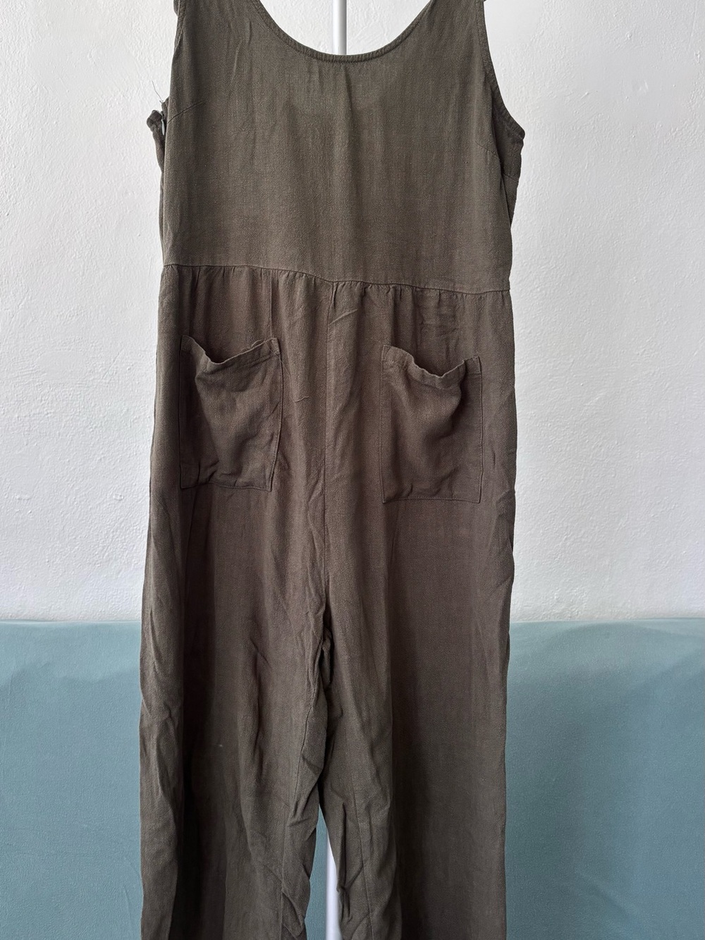 Zesica Olive Green Linen Jumpsuit Tie Strap M